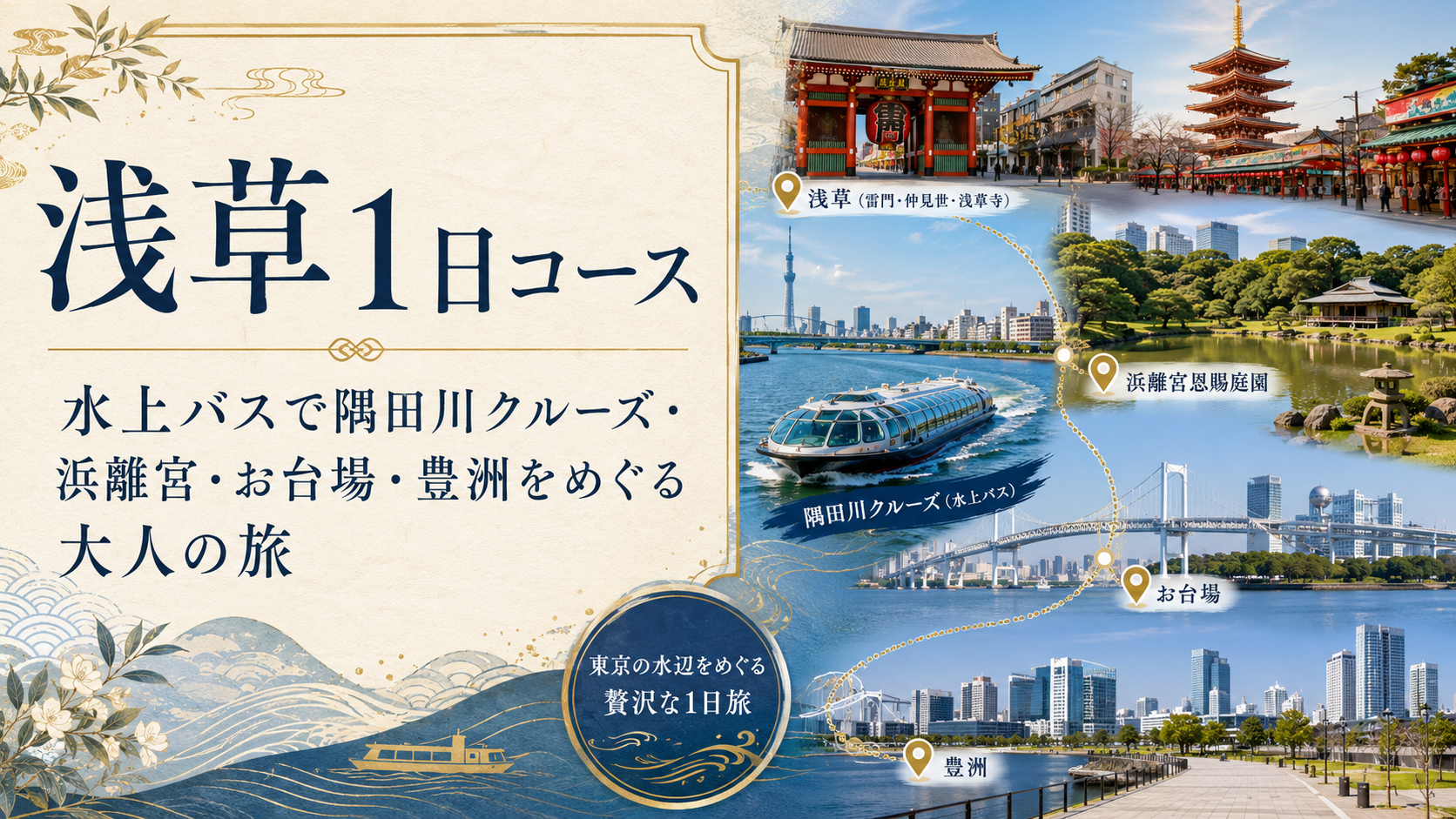 浅草1日コース｜水上バスで隅田川クルーズ・浜離宮・お台場・豊洲をめぐる大人の旅