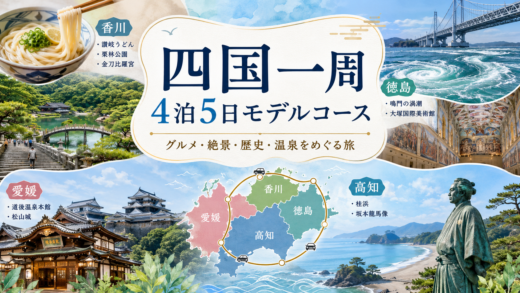 ぐるっと四国一周4泊5日｜うどん・渦潮・桂浜・道後温泉をめぐる旅